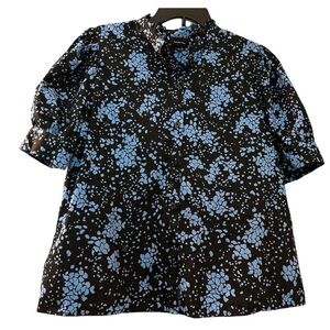 WHO WHAT WEAR button down shirt, boxy, short pouf sleeves, black & blue designs